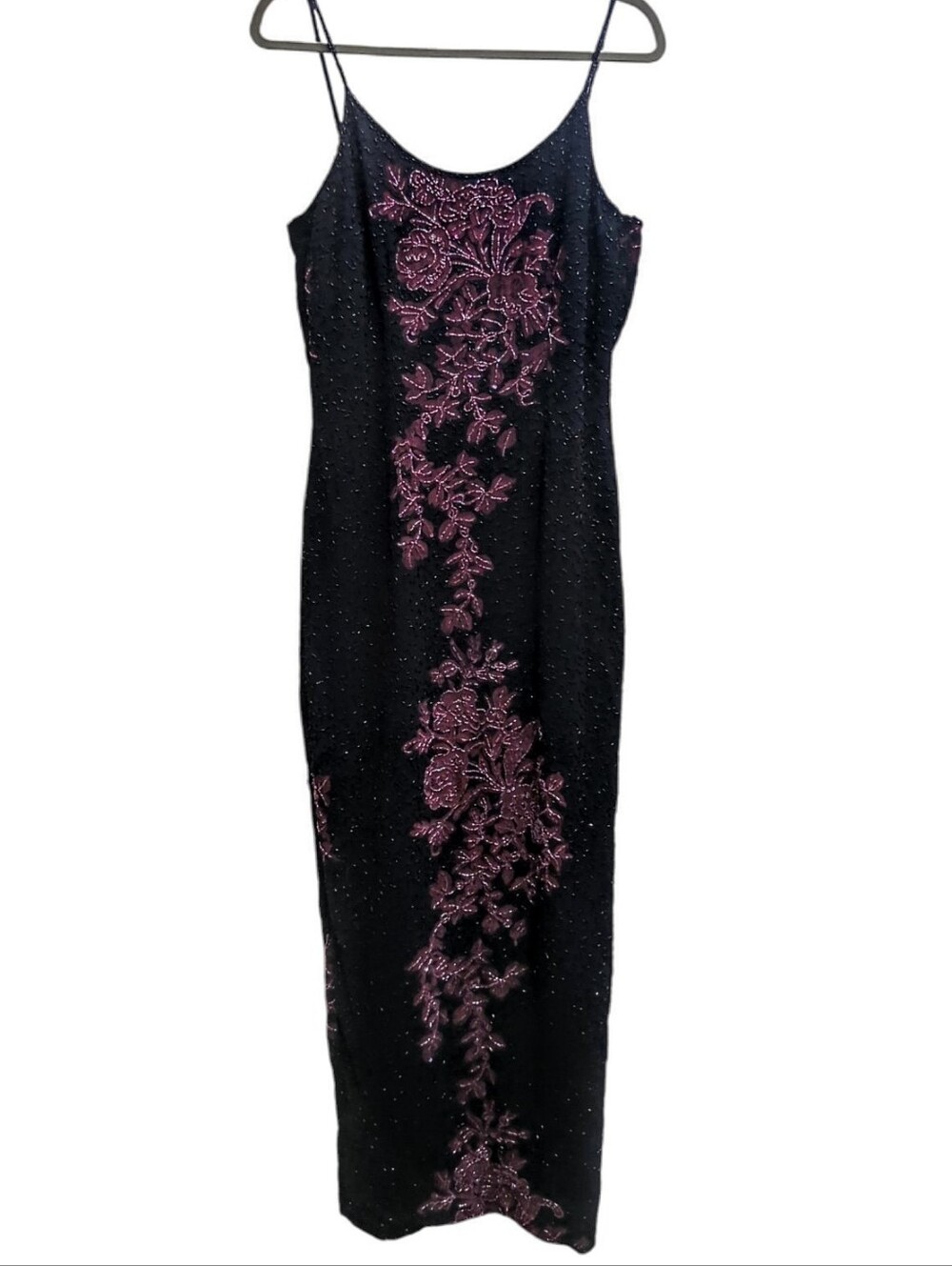 Vintage 90's Stenay Beaded Evening Gown Black Burgundy Floral Maxi Dress Size 10